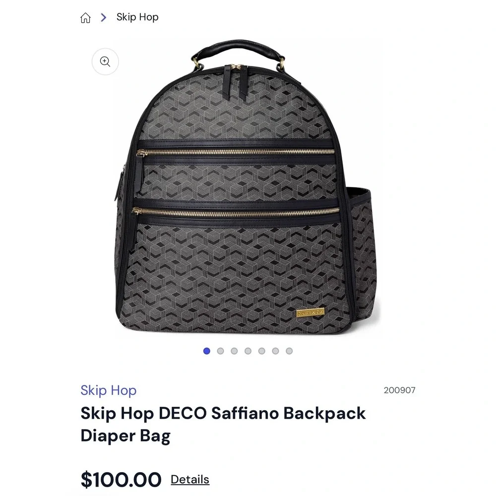Skip Hop Saffiano Diaper Backpack Convertible Gold Zippers Geometric Print‎